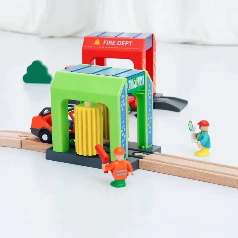 Wooden Train Track Toys Plastic Police Station/Car Wash Room City Scene Wooden Tracks Accessories Railway Toys for Children