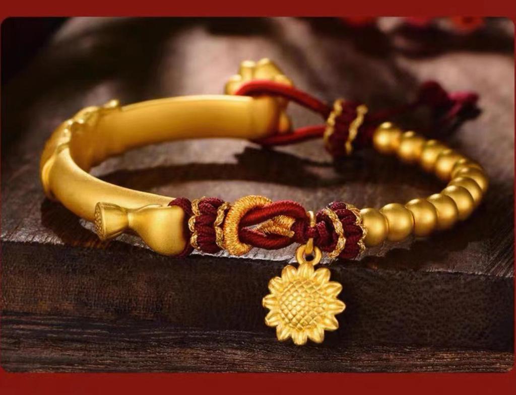 Lotus Seed Pod Half-Bangle Bracelet In Gold with Sunflower Accents and DIY Braided Rope Design