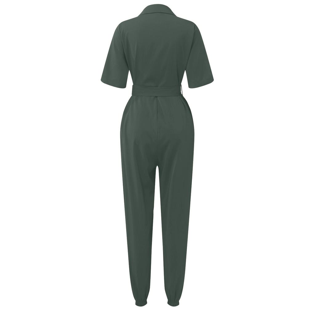 Tuta da lavoro a maniche corte con cintura stampata con lacci e risvolto casual estivo alla moda da donna