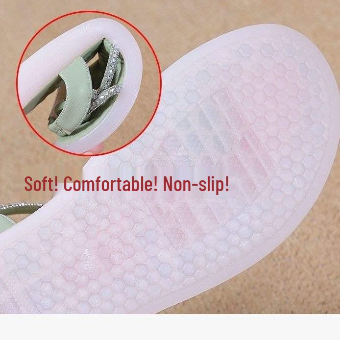 2025 Women's Versatile Korean-Style Rhinestone Flat Sandals with Soft, Non-Slip Sole.