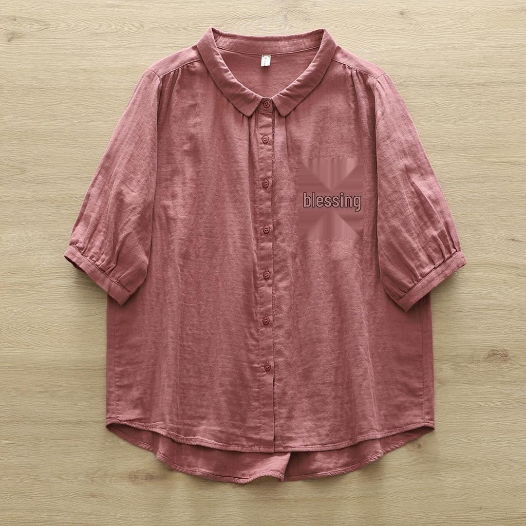 Pure Cotton Women's Lapel Pleated Blouse - Solid Color, Long Sleeve, Double Layer Yarn, Spring/Autumn.