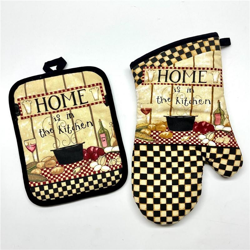 2Pcs/set Vintage Colorful Printed Cotton Heat Resistant Table Placemat With Oven Mitts Baking Glove Kitchen Tool