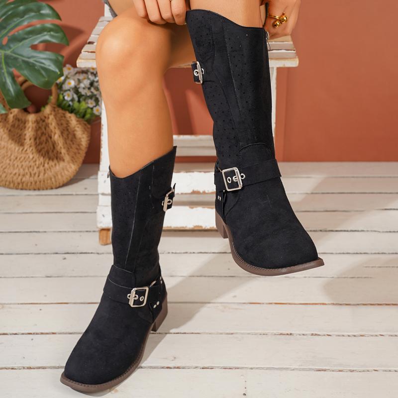 Suede Western Cowboy Boots Women 2025 Autumn Vintage Metal Buckle Black Ankle Boots Woman Thick Heels Side Zip Short Boties 42