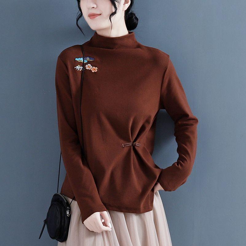 Half-high Collar Thin Velvet Bottoming Shirt Women's Retro Embroidery Autumn and Winter Chinese Style Waist Buckle Long-sleeved Top