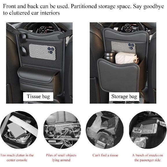 Car Organizer Storage Between Seats, Leather Large Capacity Automobile Handbag Hanging Store Content Bag, Auto Console Organizer Holder for Snack