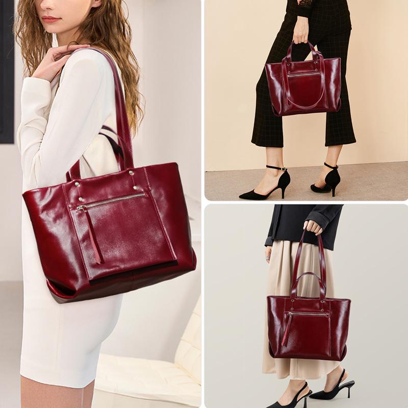 Women's Full-Grain Cowhide Large-Capacity Handbag - Genuine Leather, Business Commuting, 14-Inch Laptop Bag, Single-Shoulder Design.