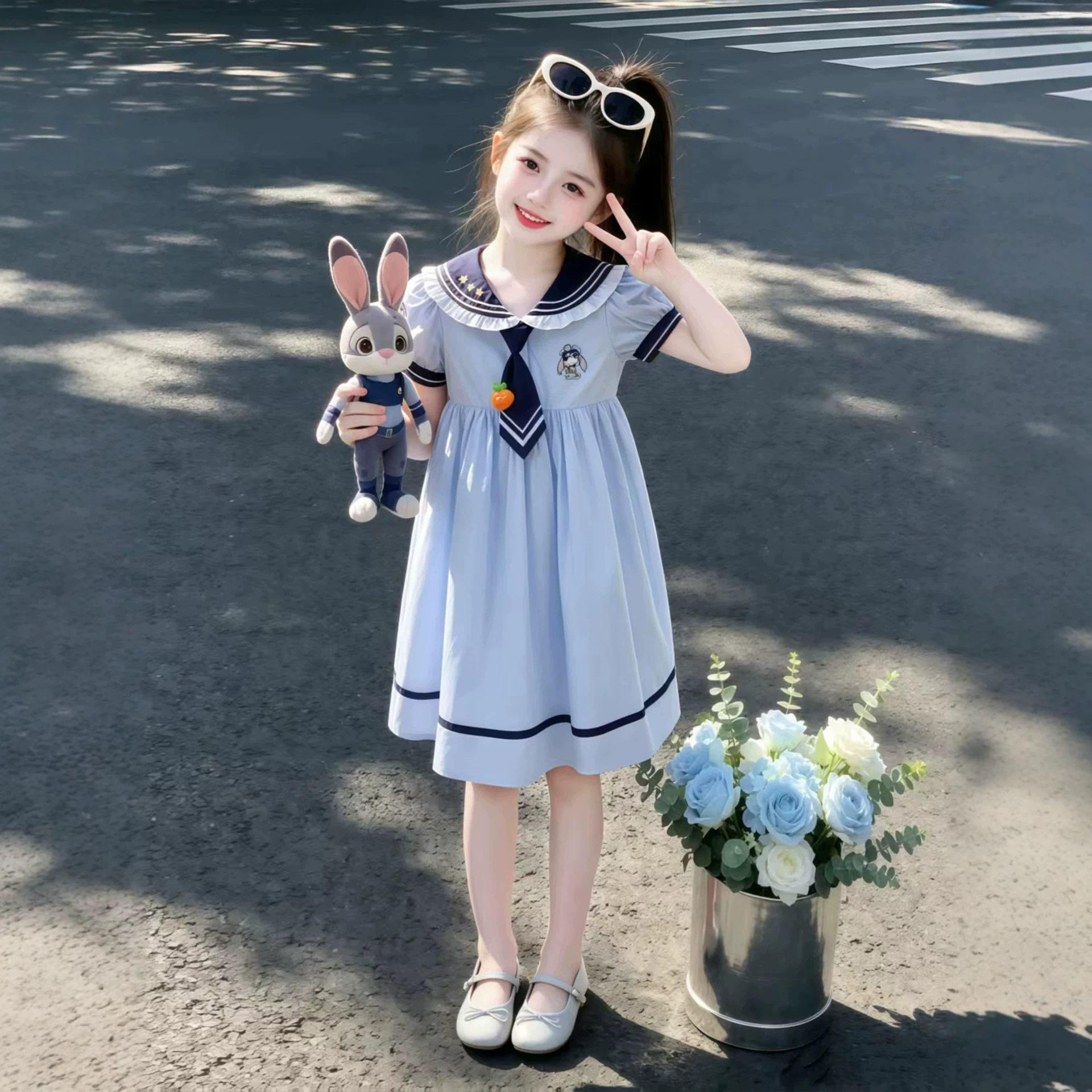 Children s Academy Summer Dress - Korean Style Cartoon Sailor Collar Elegant Princess Dress for Girls 140 cm синий
