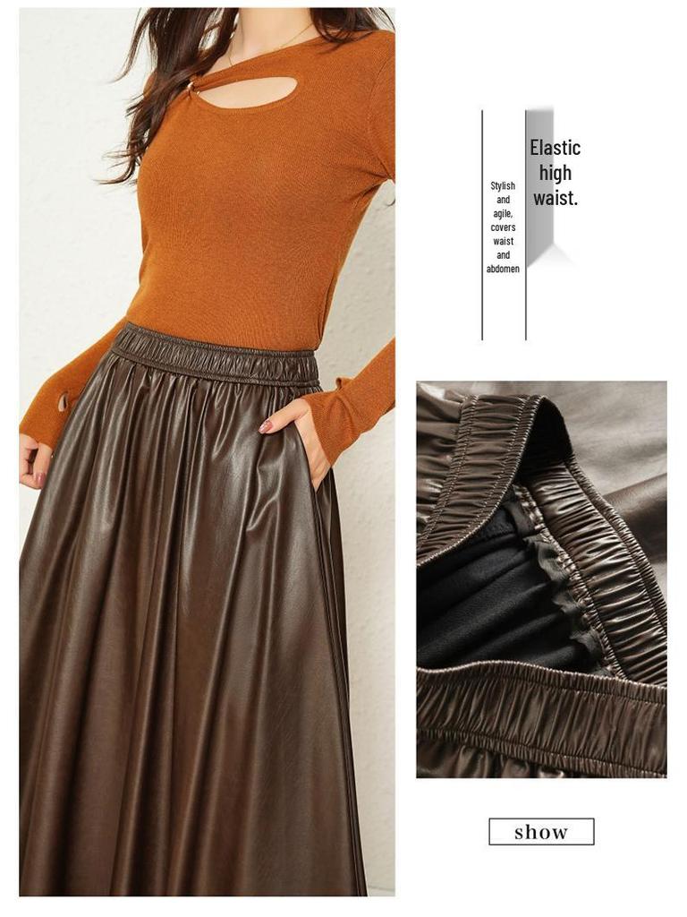2025 Women's High-Waist Lambskin Leather Midi Skirt - Autumn/Winter Slimming A-Line Fashion