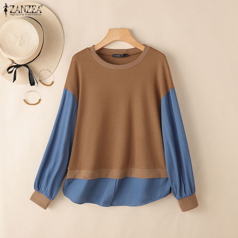 ZANZEA Women Casual Round Neck Patchwork Long Sleeve Loose Autumn Pullover Tops