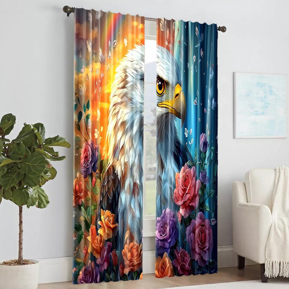 2 Pcs, Versatile Polyester Transparent Curtains for Home Decoration Eagle & Floral for Use In Bedrooms and Living Rooms