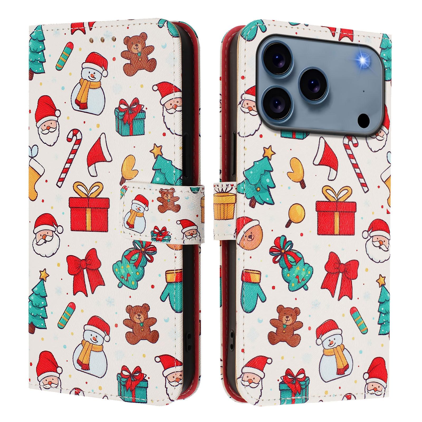 

For iPhone 17 Pro Max Wallet Case Christmas Pattern Printing Leather Phone Cover with Lanyard Christmas Elements