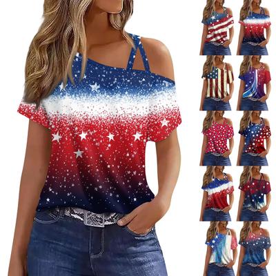 Damesmode Casual Independence Day Print Sexy Cold Shoulder Korte Mouw T-shirt Top