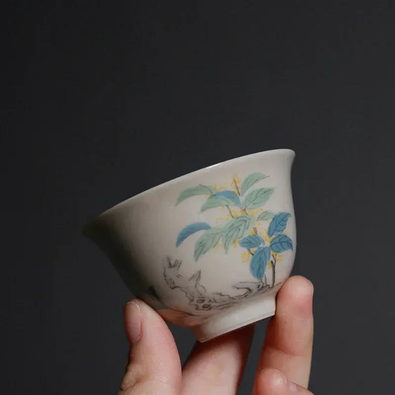 1 Pc Chinese Handmade Ceramic Teacup Travel Meditation Tea Cup Hand Painted Flowers and Plants Tea Bowl Porcelain Tea Set