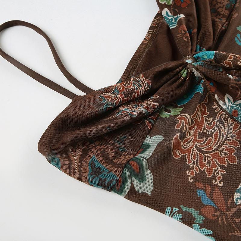 Top Canotta da Donna Estiva con Spalline Sottili, Stampa Floreale Paisley, Rete Trasparente, Nodo Frontale, Vestibilità Aderente
