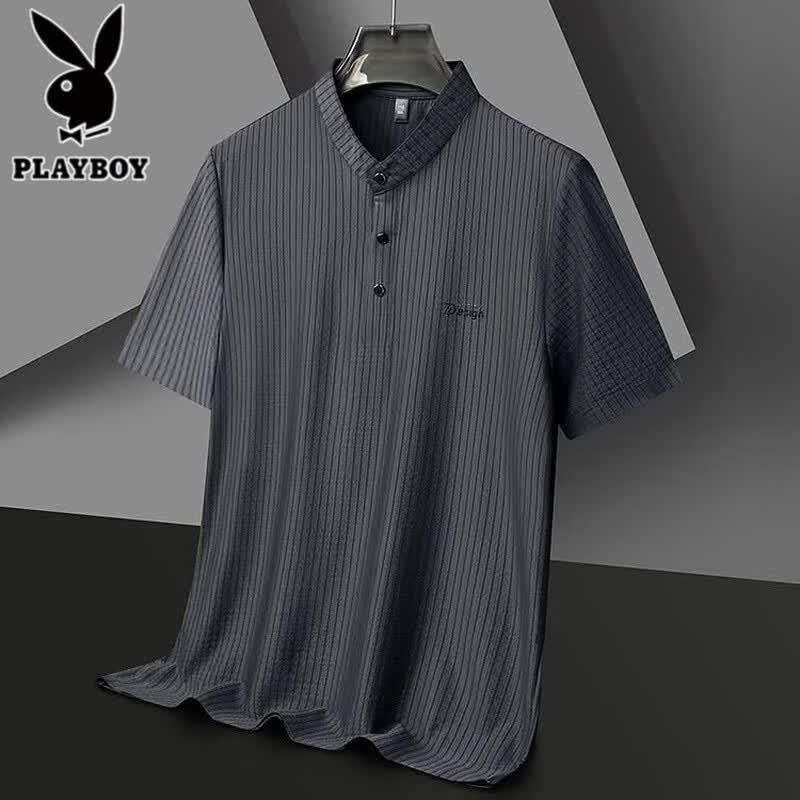 PLAYBOY Men s Ice Silk Anti-Wrinkle Stand Collar Short Sleeve T-Shirt M