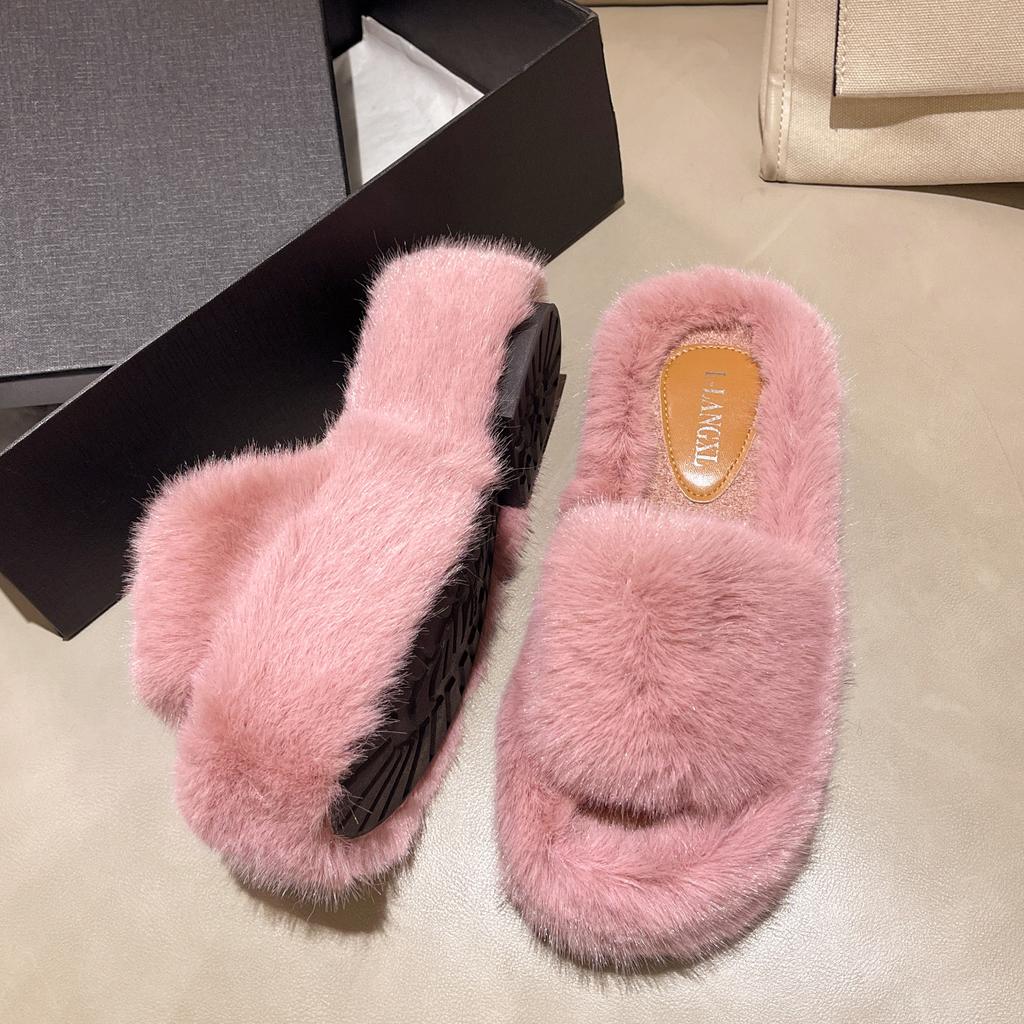 Height-increasing thick-soled fluffy slippers women's autumn and winter outer wear fluffy shoes one-word ins home home plush drag spring and summer