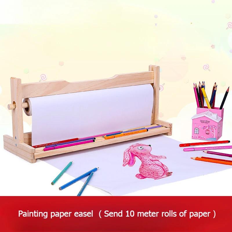 Wooden Paper Roll Dispenser Art with Paper Roll Craft Paper Roll Holder Tabletop Easel for Kids Suitable for Drawing