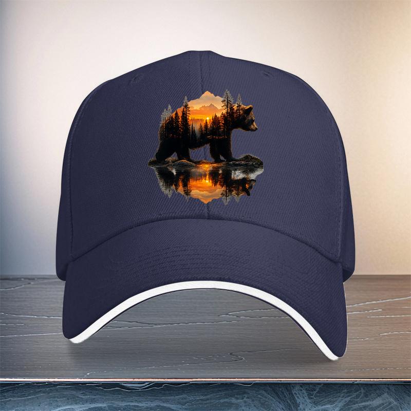 Bear Forest Sunset Reflection Graphic Baseball Cap Unisex Polyester Casual Outdoor Adjustable Hat