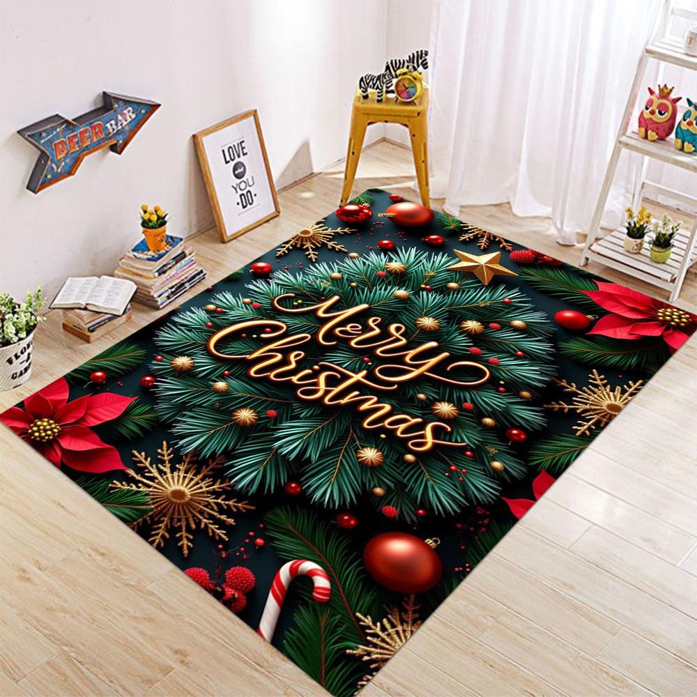 Christmas Tree Elegant Candy Cane Carpet Poinsettia Snowflake Rug for Home Decoration Red Green Gold Mat Living Room Decoration