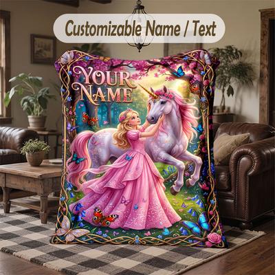 Unicorn Theme Throw Blanket Custom Name Text Personalized Blanket Soft Cozy Blanket for Home Sofa Bed