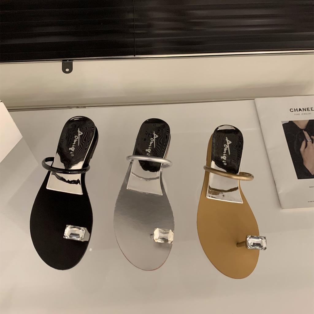 Internet Celebrity Explosion Pigeon Egg Rhinestone French Cool Slippers Fairy Shoes 2025 Summer Wear Wedge Heel Set Toe Sandals