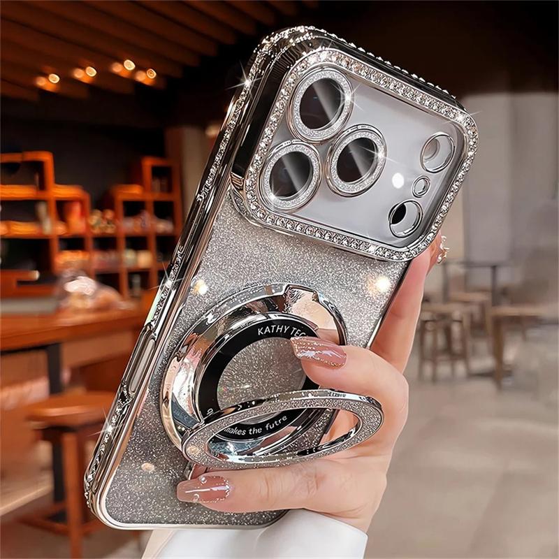 Rhinestone Frame Armor Glitter Fold Stand Magnetic Phone Case For iPhone 17 16 15 14 13 12 11 Pro Max Luxury 3IN1 Shiny Clear Cover