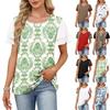 Women Crew Neck Floral Print Blouse Double Layer Ruffle Short Sleeve Casual T-Shirt Top