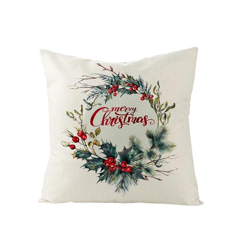 Nordic New Christmas Pillowcase Watercolor Wreath Linen Cushion Cover Sofa Cushion Cover