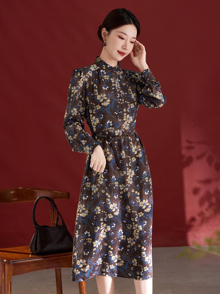 100% Mulberry Silk Long Sleeve Pleated Midi Dress for Women - Printed Slimming Style