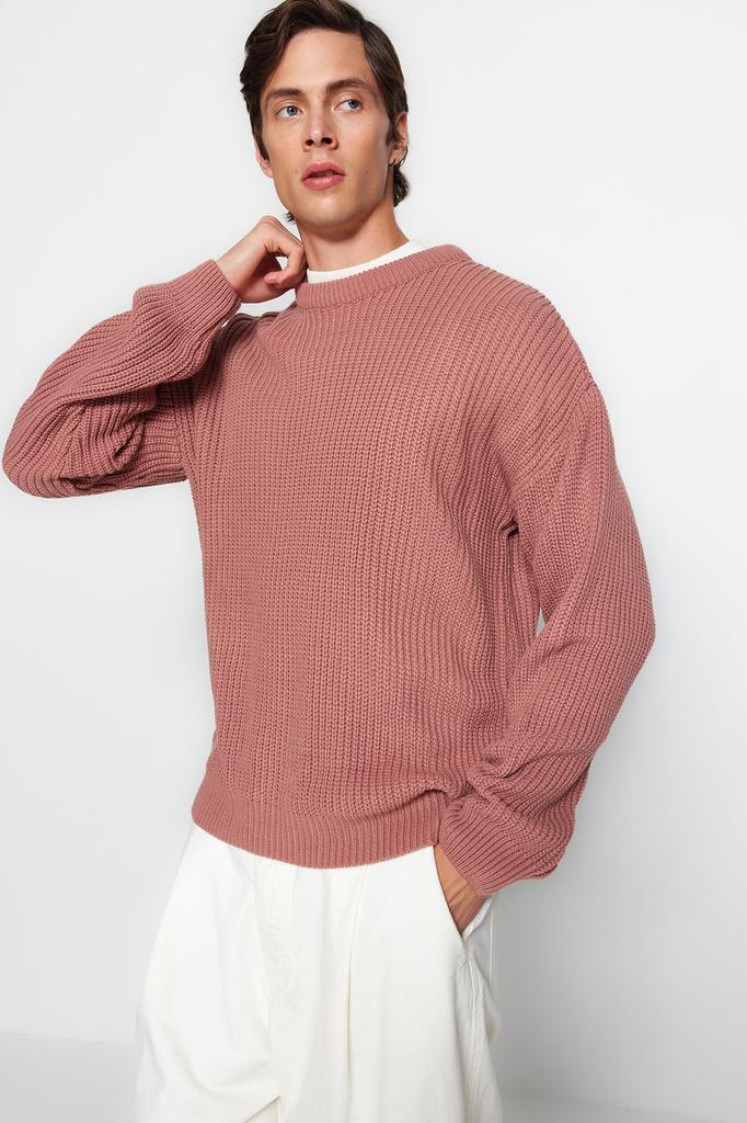 Herrenmode Neuer Pullover Altrosa Oversize-Passform Weite Passform Rundhalsausschnitt Basic Strickwaren Pullover