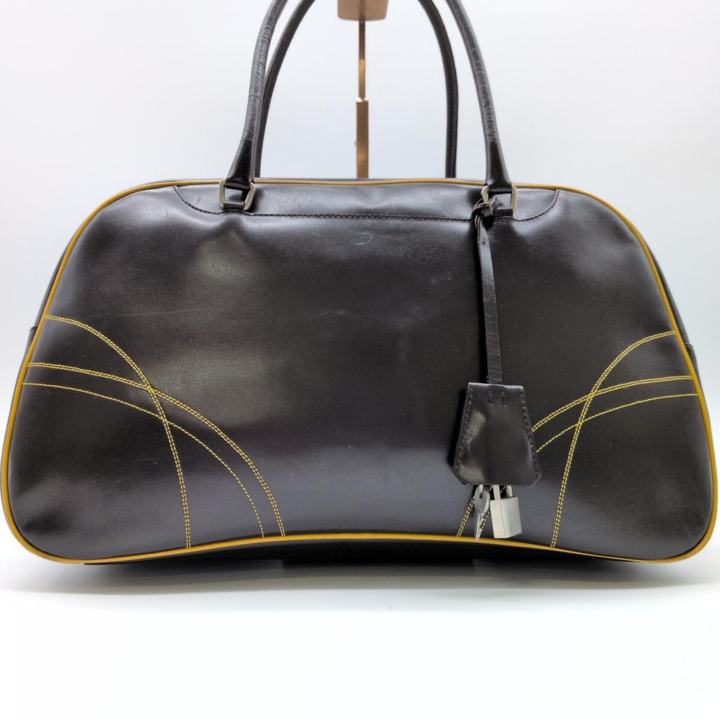 Prada 2000 FW Archive Y2K 2000 1990s 00s Bowling Bag Mini Boston Handbag Chocolate Brown Mustard Yellow Stitching Genuine Leather