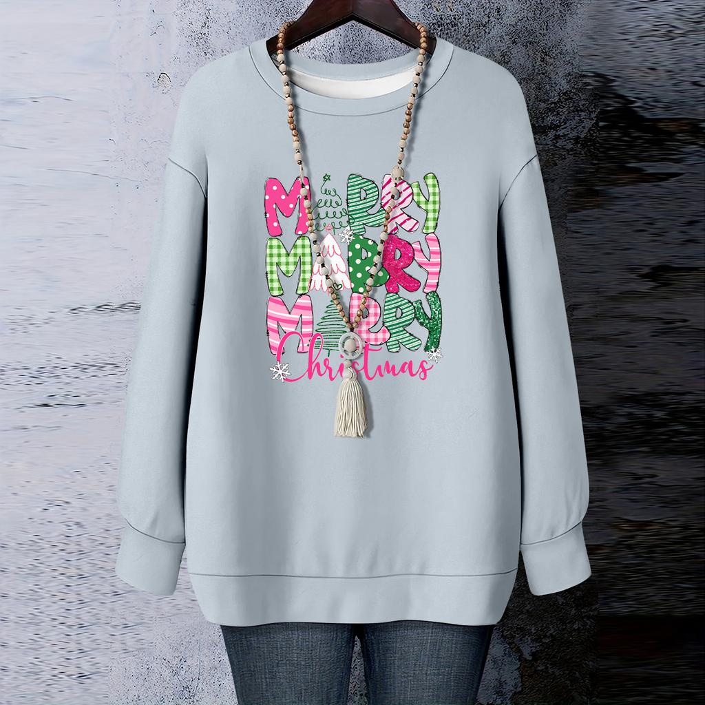 Damen Weihnachts-Print Rundhals Langarm T-Shirt Sweatshirt Oberteil
