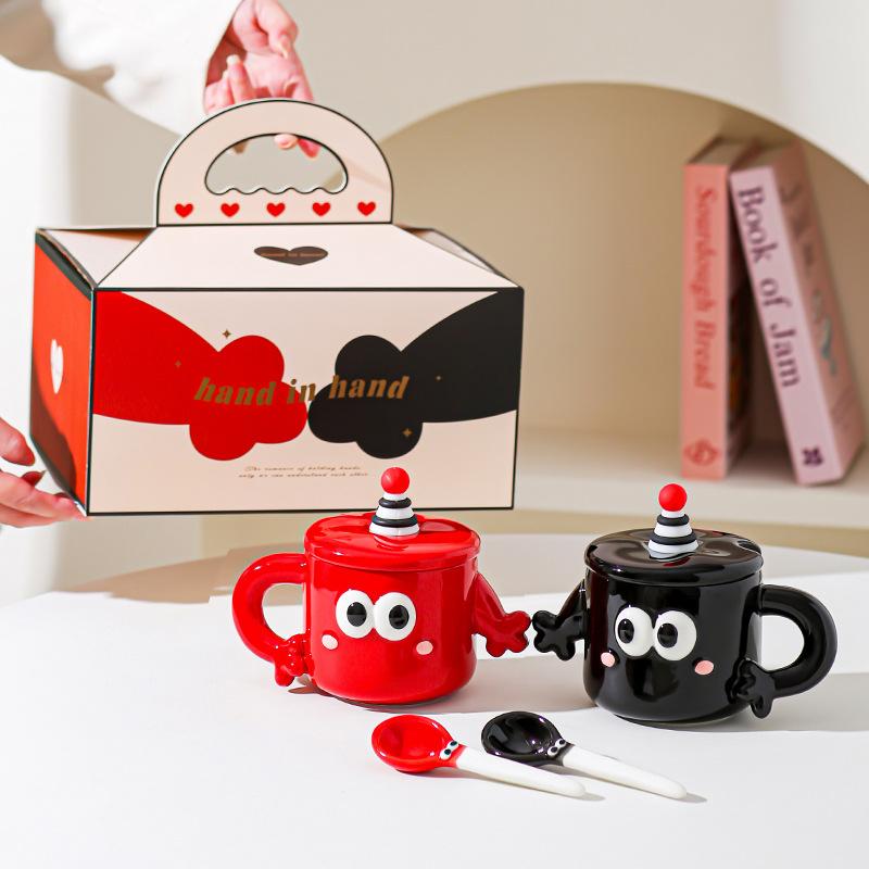 Hand in Hand Paar Keramiktasse Geschenkbox lustige Tasse mit Deckel Haushaltsnische Wasserbecher Hochzeitsgeschenk Tasse
