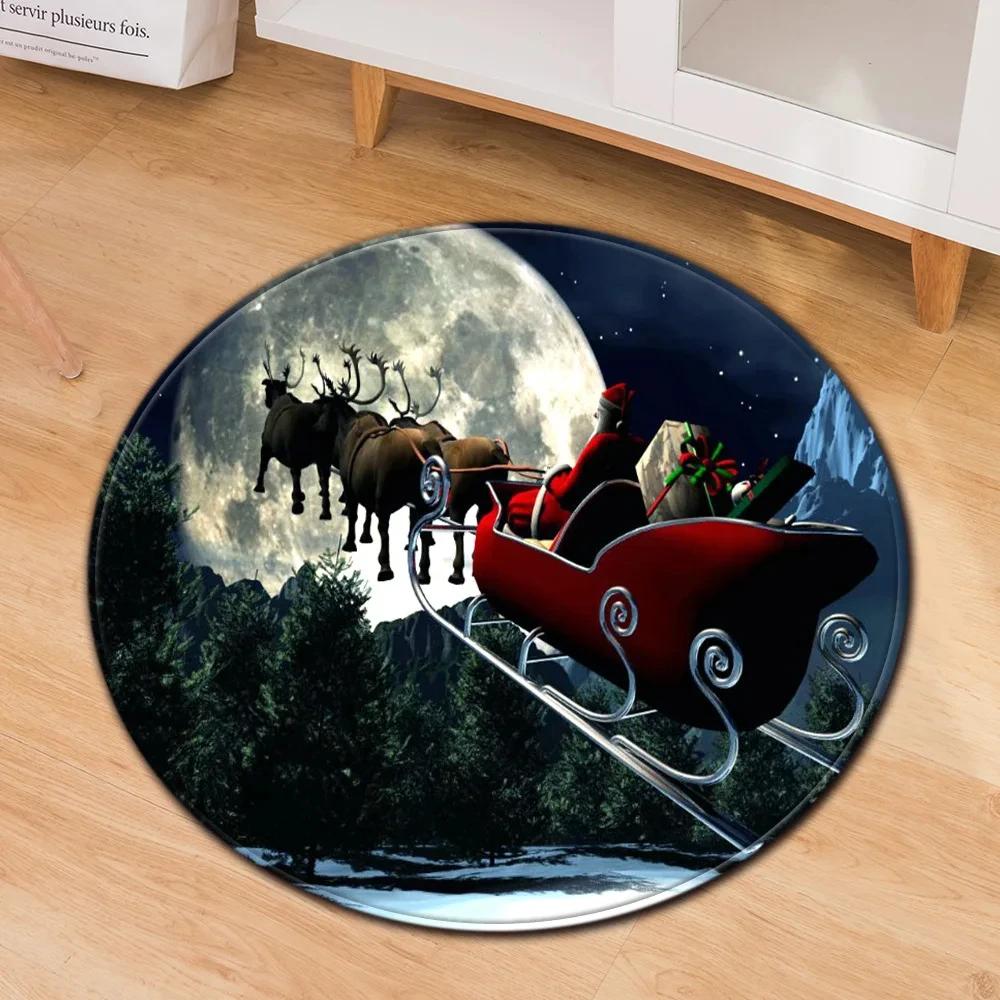 Santa Claus Round Carpet Christmas Theme Rug for Kids Teen New Year's Gift Living Room Bedroom Decor Anti-Slip Circle Floor Mat