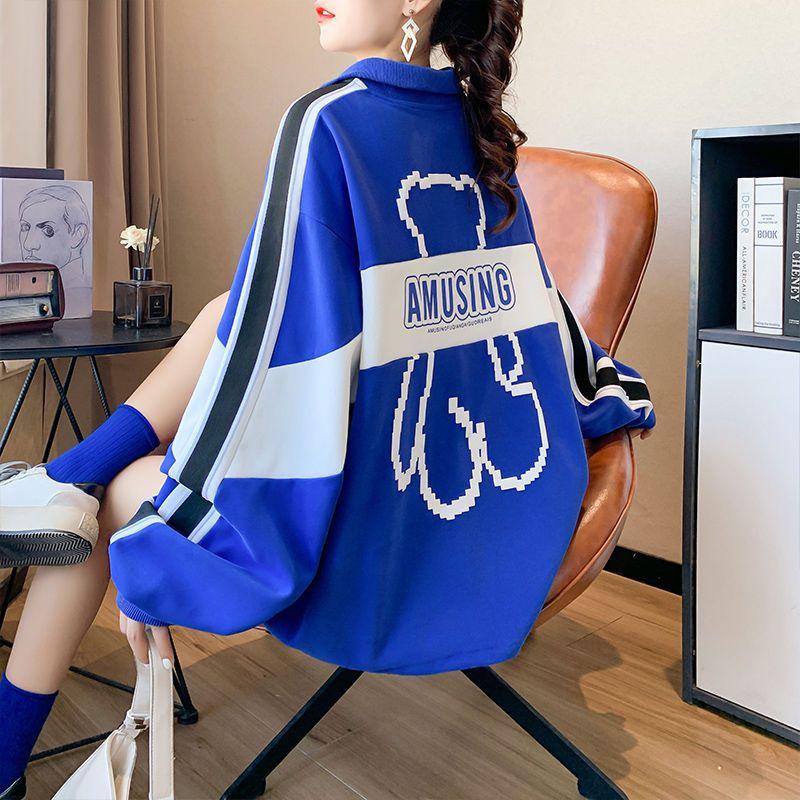 Plus Size Women Polo Collar Long Sleeve Sweatshirt Spring Autumn Loose Casual Zipper Hoodie Oversized Pullover Tops