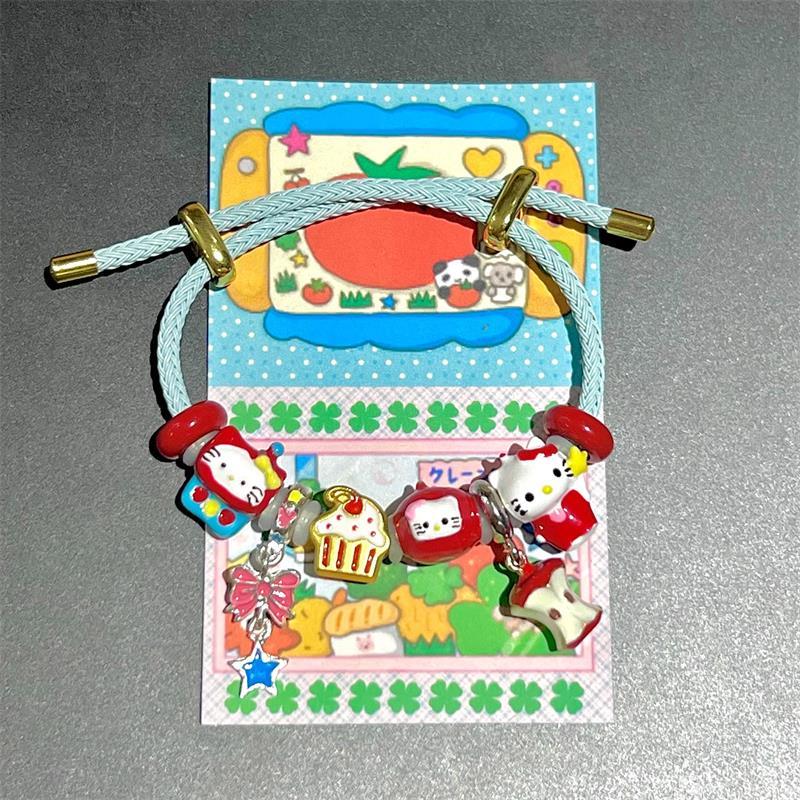 Brățară drăguță Sanrio Hello Kitty Fundă Măr Pandantiv Kt cu mărgele Cadouri de ziua de naștere Accesorii trendy girly Ajustabilă