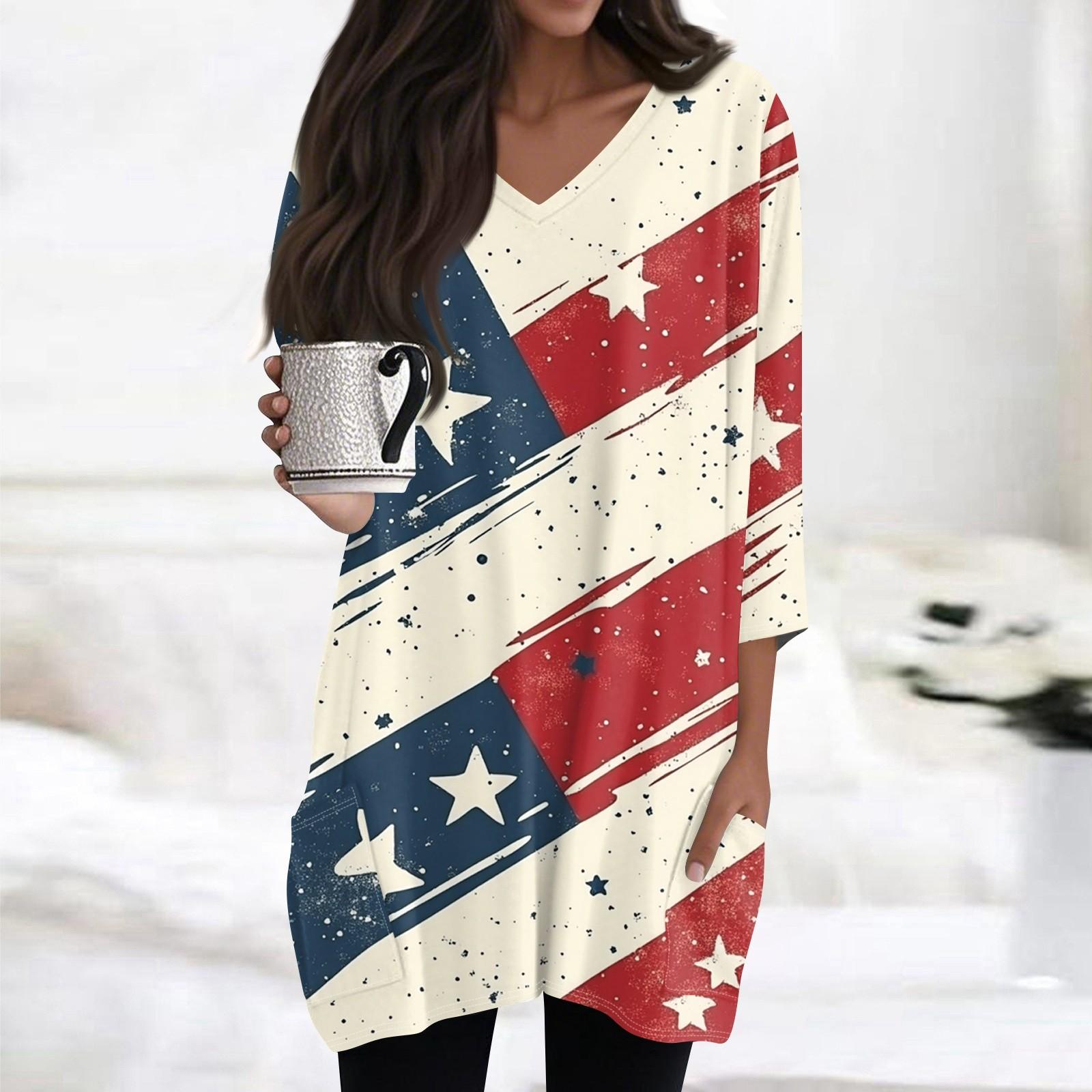 

Женские топы с V-образным вырезом и рукавом 3/4, блузки, повседневные рубашки средней длины, модные туники с принтом «День независимости» и карманами L