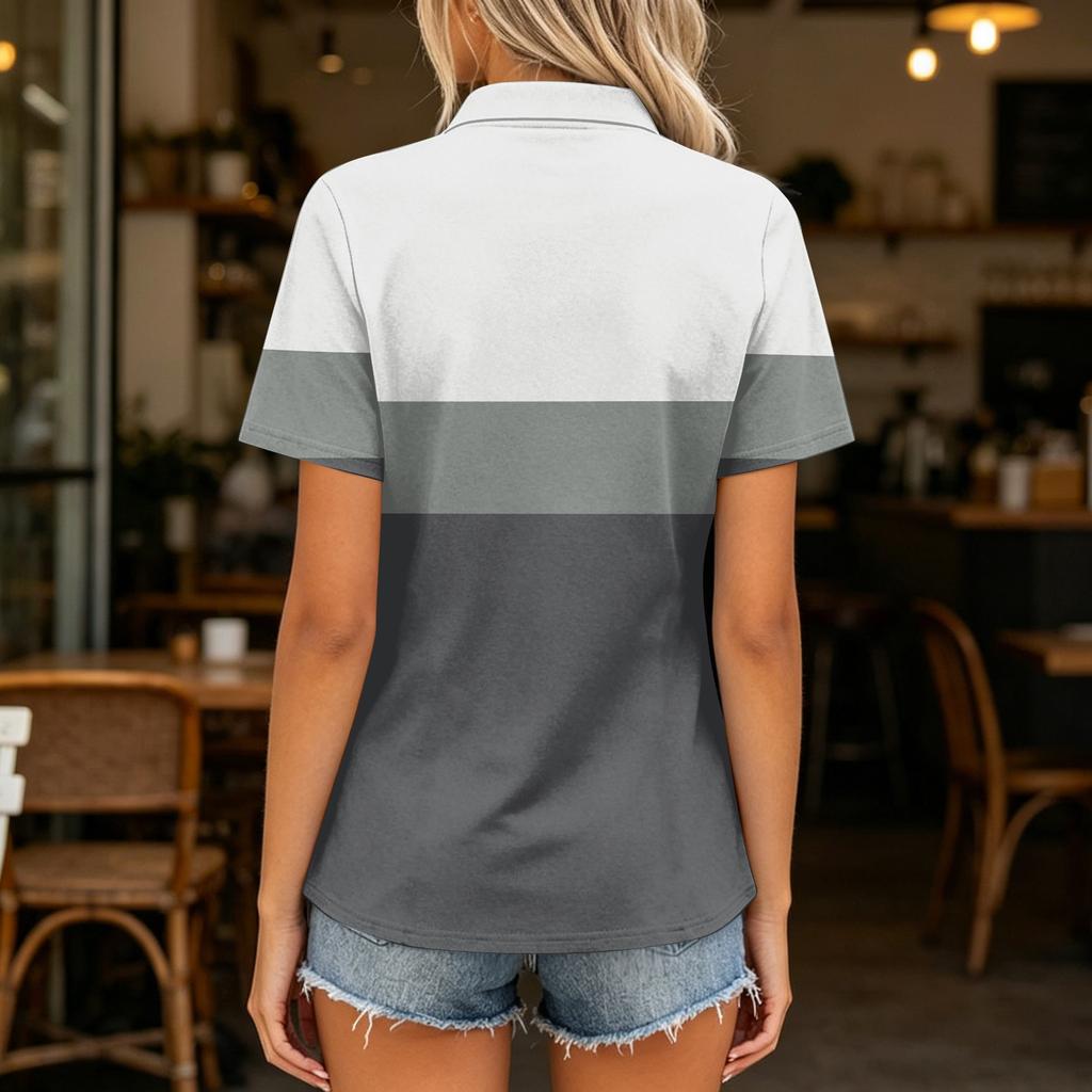 Women Casual Polo Neck Short Sleeve Loose Fit Top Fashionable Pullover Blouse with Button Up Design for Daily Wear
