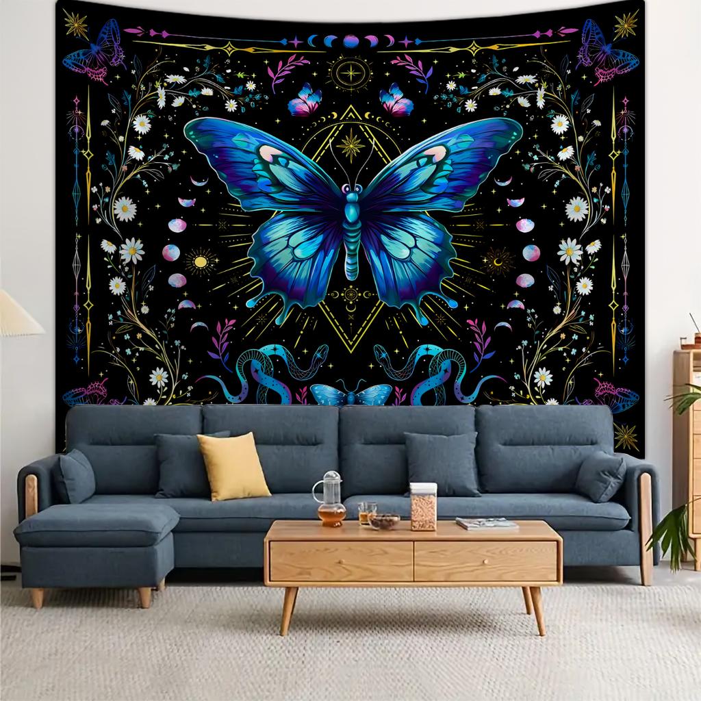 1pc Blue Butterfly Tapestry, Bohemian Floral Tapestry, Plant Tapestry, Moon Phase Starry Sky Tapestry, Beautiful Tapestry