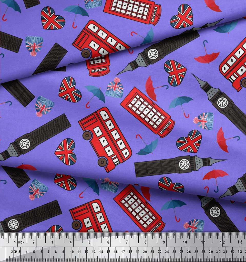 Soimoi Japan Crepe Satin Fabric Bus,Telephone Booth & London Clock Tower Architectural Print Sewing Fabric Metre 42 Inch