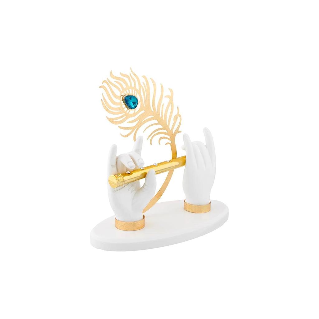 Gold Plated Krishna Ji Hand with Flute Figurine | 24K Gold Plated Lord Krishna Hand with White Resin Base
