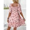 Women's Square Neck Puff Sleeve Printed Backless Loose Casual Midi Dress For Women