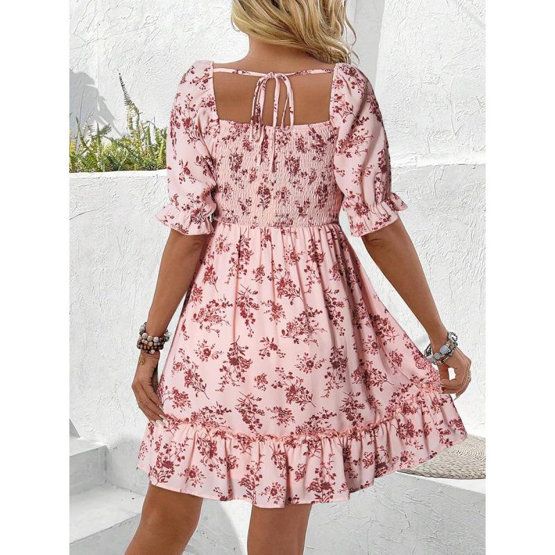 Women's Square Neck Puff Sleeve Printed Backless Loose Casual Midi Dress For Women