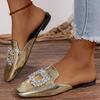 2026 Sommer Neu Damen Eckige Zehenpartie Flache Hausschuhe Strass-Schnalle Mules Damen Outdoor Damen Leichte Freizeit-Slipper