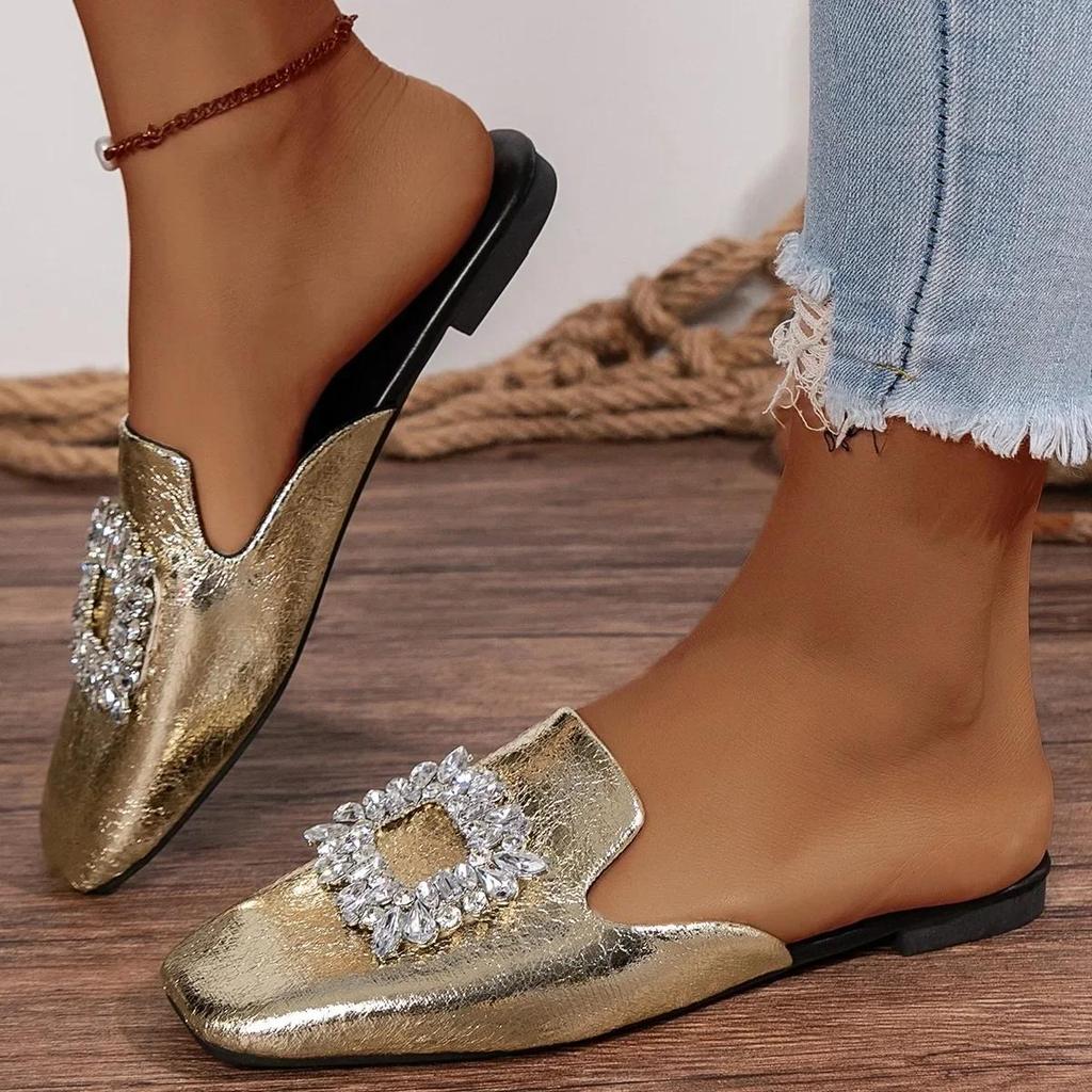 2026 Sommer Neu Damen Eckige Zehenpartie Flache Hausschuhe Strass-Schnalle Mules Damen Outdoor Damen Leichte Freizeit-Slipper