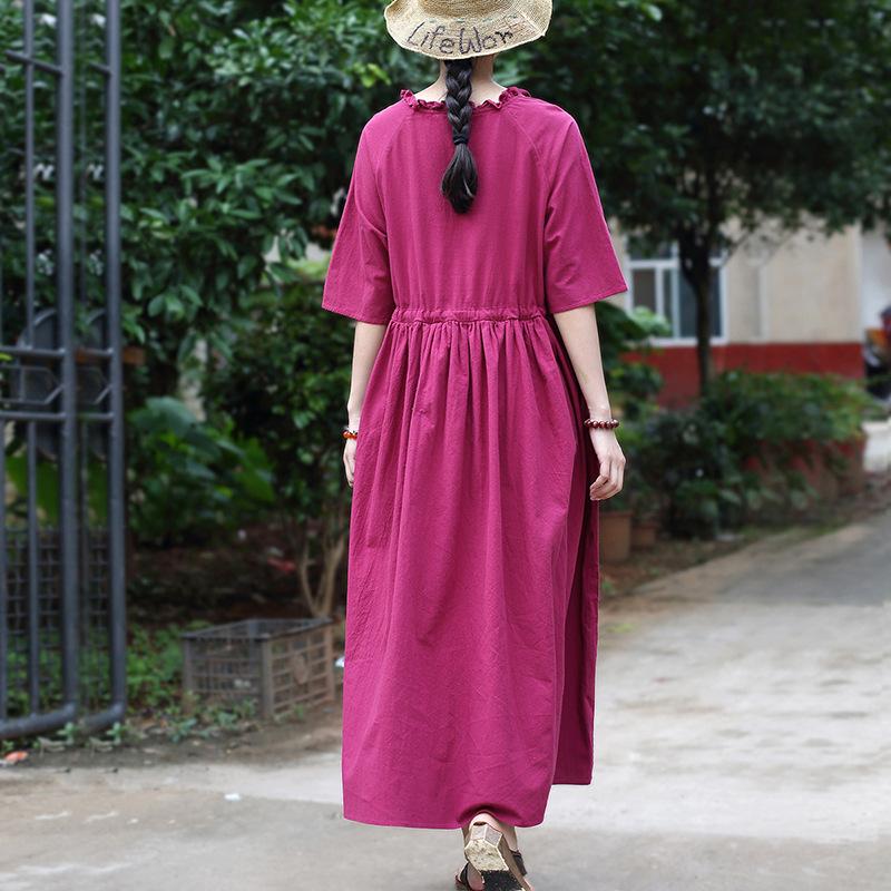 Johnature Women Vintage Bandage Dresses V-Neck Half Sleeve Summer Solid Color Chinese Style Women Clothes Soft Dress