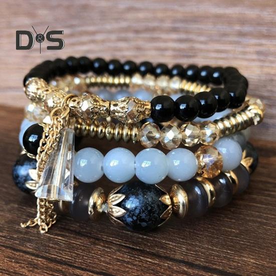 5-teiliges Damen-Armbandset mit Kunstkristallen, glatt, mit mehreren Anhängern, Schmuck im Retro-Boho-Stil mit elastischer Kordel, mehrlagiges stapelbares Armbandset