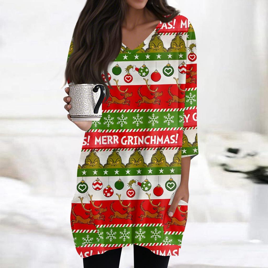 Womens Tops V-neck 3/4 Sleeve Blouses Casual Mid-length Shirts Fashion Christmas Print Tunic Tops With Pockets