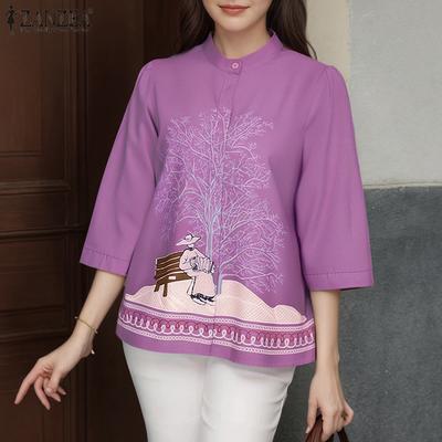 Blusa casual da donna con collo alto, maniche a 3/4 larghe e stampa