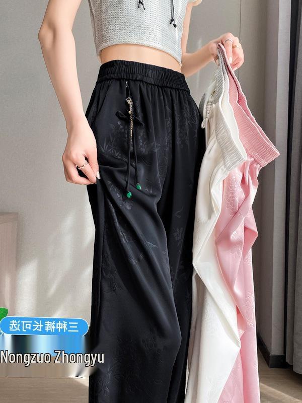 

Women s Summer Jacquard Satin Ice Silk Wide-Leg Pants L